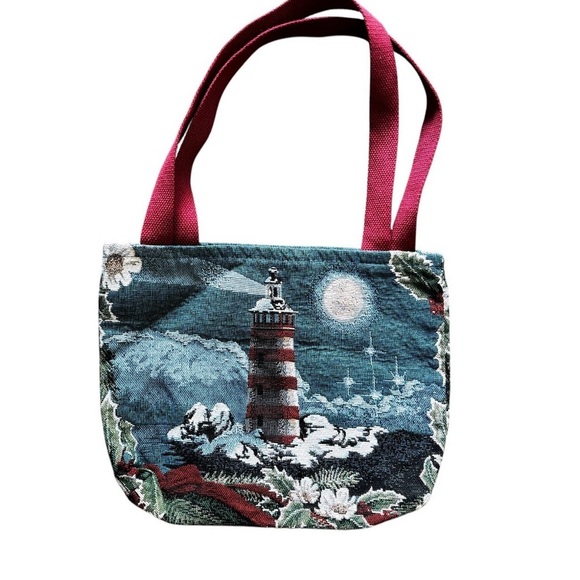 Tapestry Shoulder Tote Bag Lighthouse Coastal Christmas Winter Holiday - Picture 2 of 5